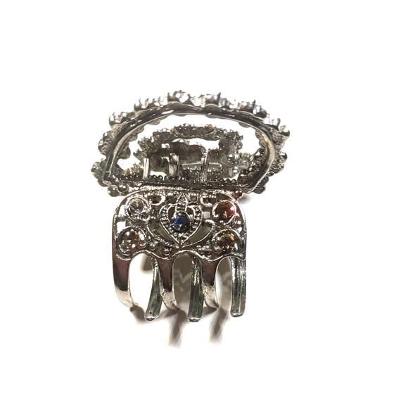 Pony Tail Holder Barrette Double Love Heart Design Rhinestones Silver Tone - Picture 3 of 4